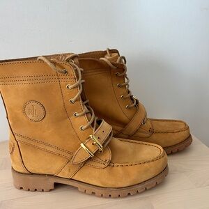 RALPH LAUREN Zera Leather Combat Boot Tan Size 7‎ Buckle Chunky Lace Up